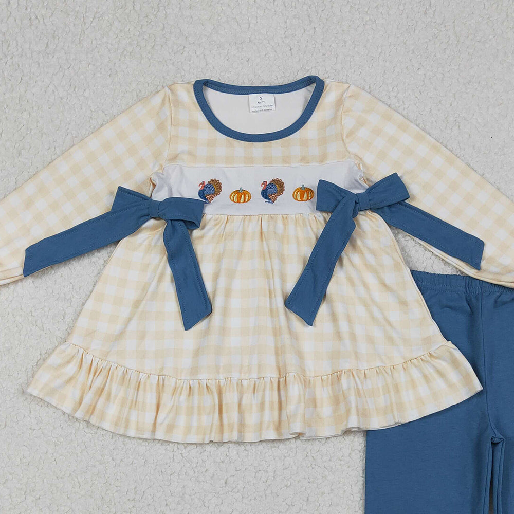 RTS NO MOQ （In stock）GLP2594  Baby Girls Winter Outfits Plaid Turkey Pumpkin Tunic Pants Set Thanksgiving Themed Outfit for Kids