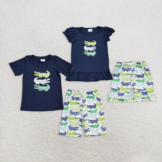 8.12   Sibling Crocodile embroidery cotton shirt shorts kids girls boys outfits