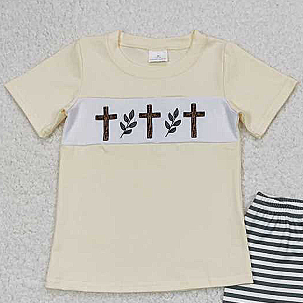 BSSO0459Boys Easter Outfit Short Sleeves Cross Top Stripe Shorts Spring Holiday Clothes for Kids
