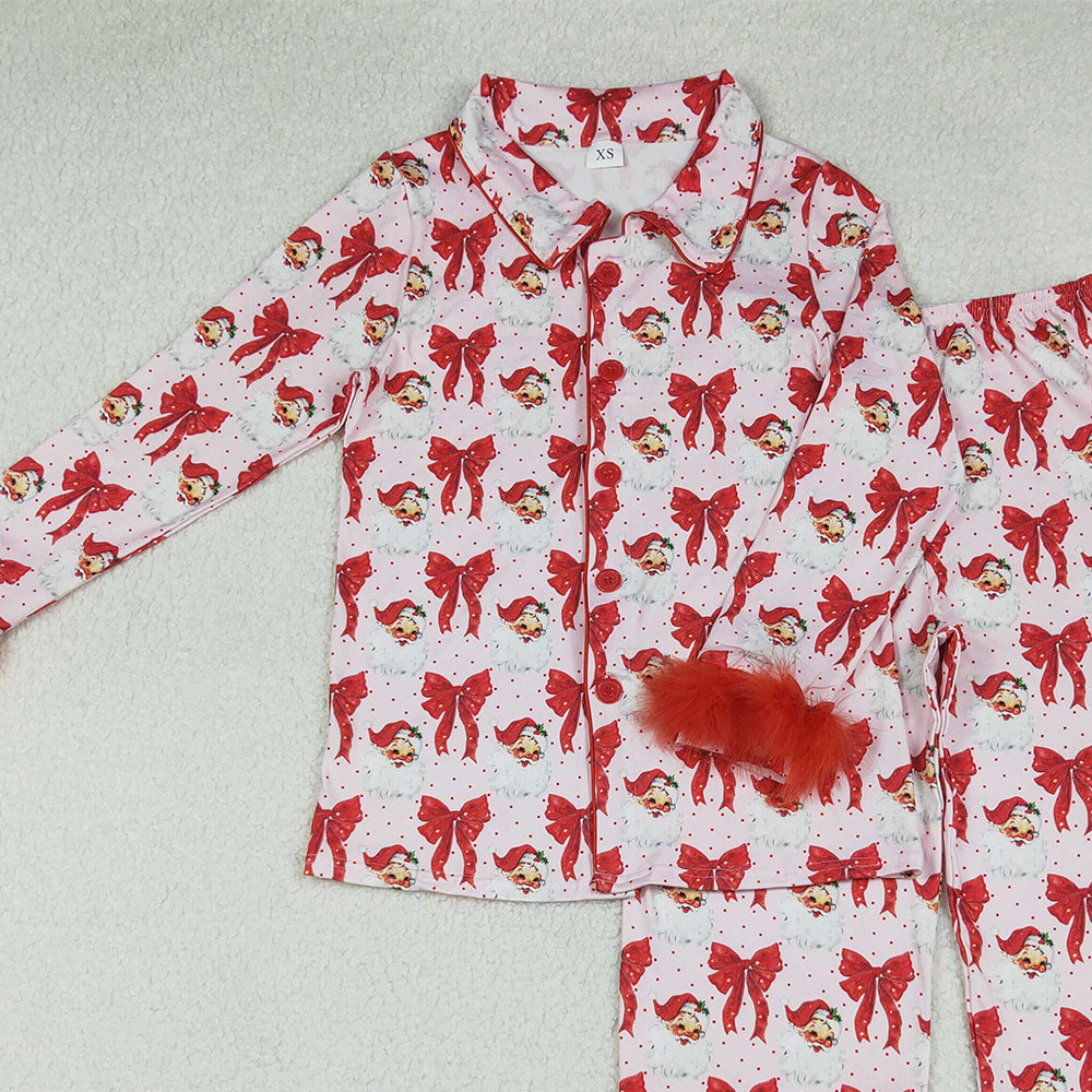 RTS NO MOQ （In stock）GLP2715 Adult women's pajamas set Red Bows Santa Button Top Pants Christmas Fur Pajamas Sets