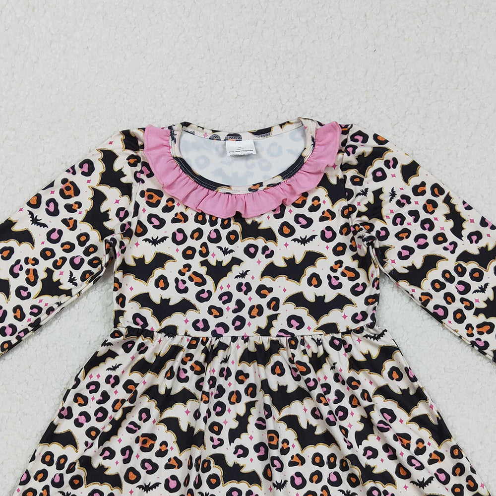 RTS NO MOQ （In stock）GLD1224 Baby Girls Winter Dress Halloween Leopard Bats Knee-Length Dress