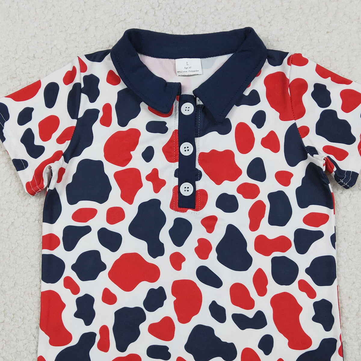 1.19 RTS NO MOQ （In stock）BT1657 Baby Boys Red Blue Cow Print 4th of July Button Polo Shirts Top