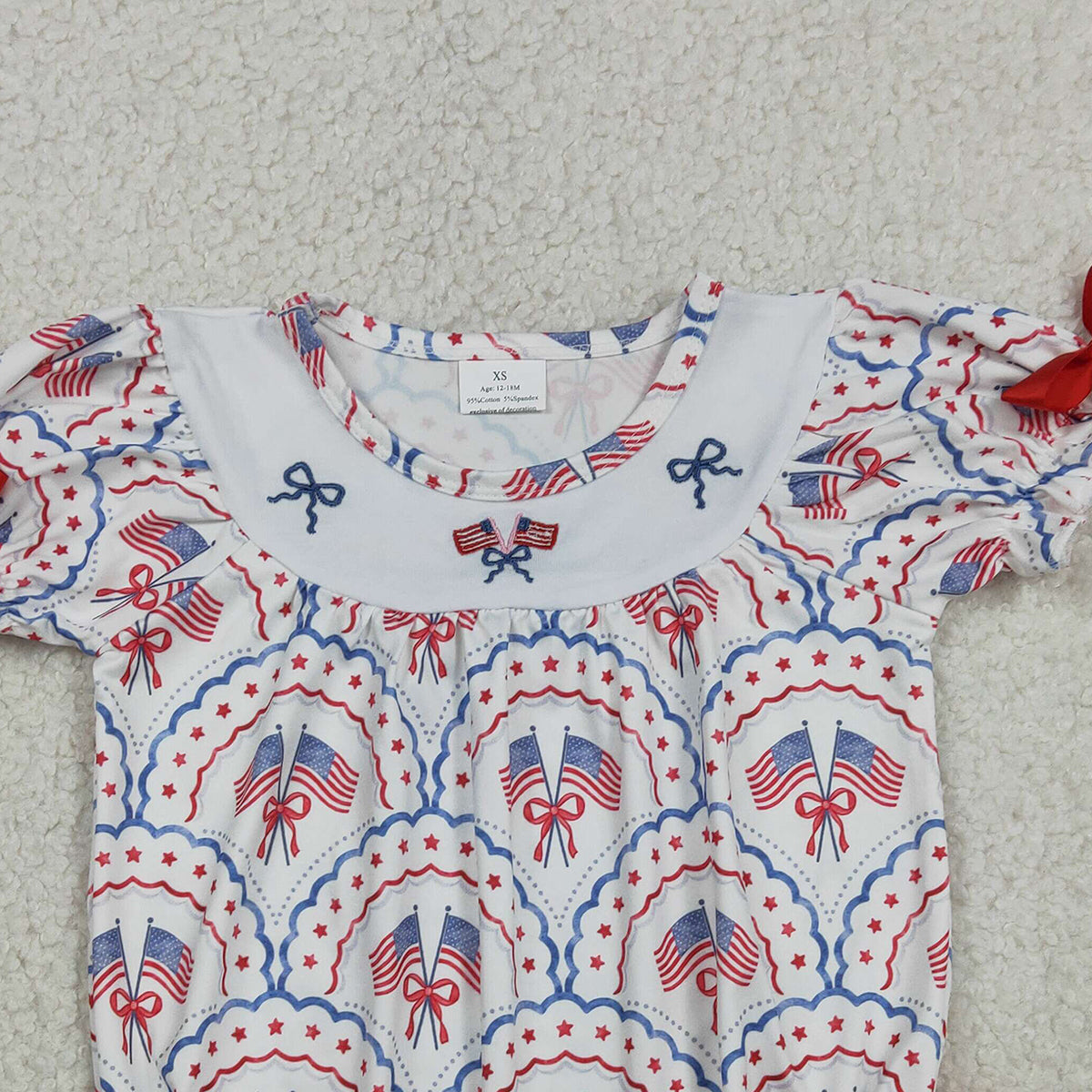 3.12 RTS NO MOQ （In stock）SR3887 Children's Fashion Romper Baby Girls Embroidery Bows Flags Checked 4th of July Ruffle Rompers