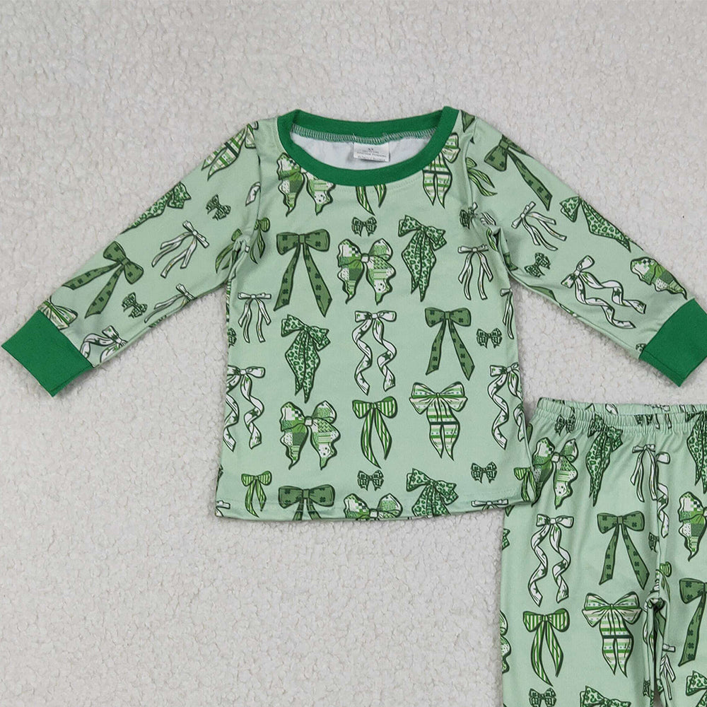 9.29 RTS NO MOQ （In stock）LR2654 Baby Girls Winter Rompers Baby Boys Green Clover Bows St Patrick Zipper Footie Rompers