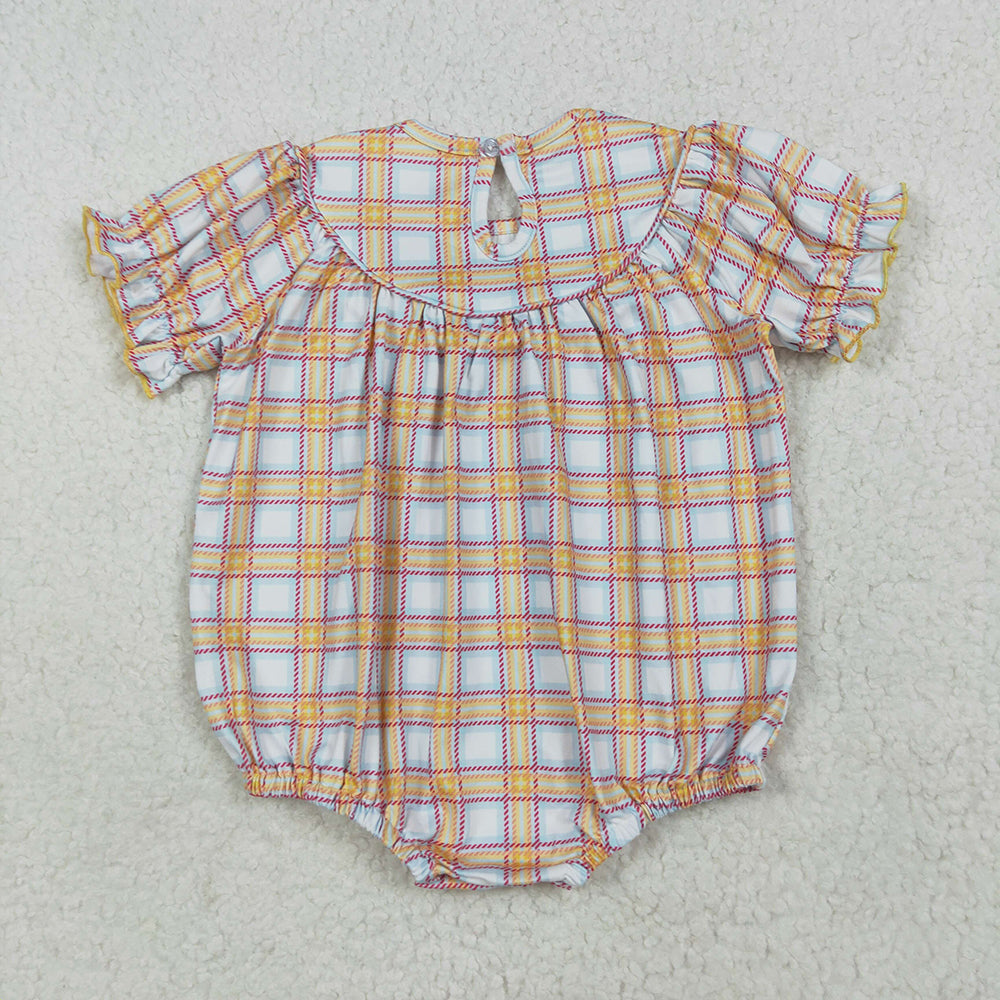 RTS NO MOQ （In stock） SR2982 Baby Girls Summer Rompers Short sleeves plaid cow tractor farm baby girls romper