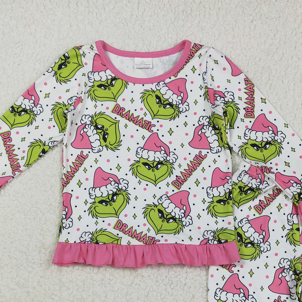 RTS NO MOQ （In stock）GLP2645 Baby Girls Winter Outfits Baby Girls Green Face Stars Plaid Top Pant Christmas Pajamas Set