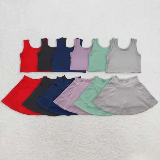 7.16  RTS NO MOQ Baby Girls Yoga Outfits Baby Girls Red Vest Top Yoga Tennis Sports Skorts Clothes Sets