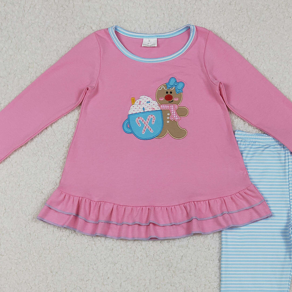RTS NO MOQ （In stock）GLP2467 Baby Girls Winter Outfits Christmas Gingerbread Tunic Blue Legging Pants Sets