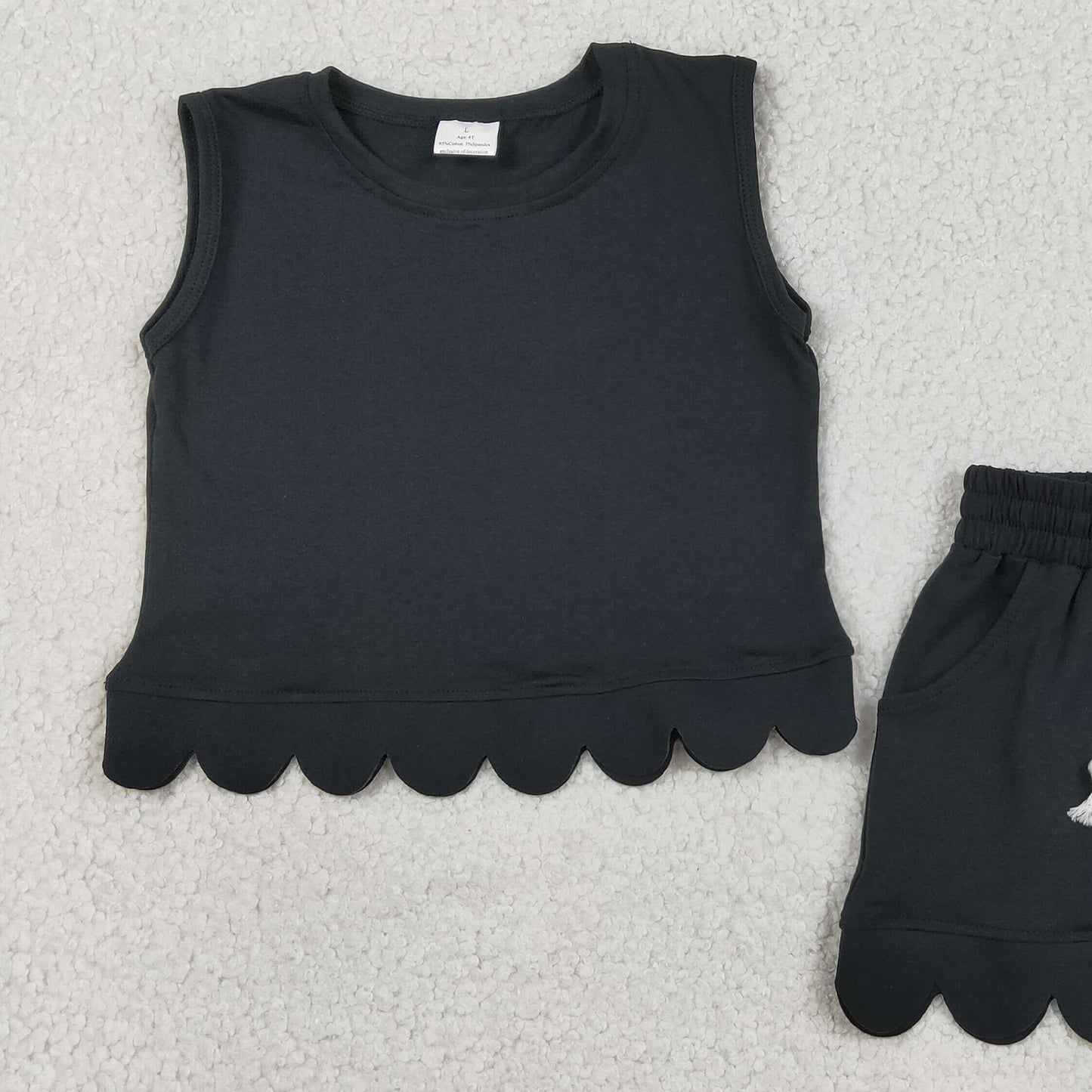 GSSO3733 RTS NO MOQ （In stock ）Sleeveless black scallop top shorts kids girls outfits
