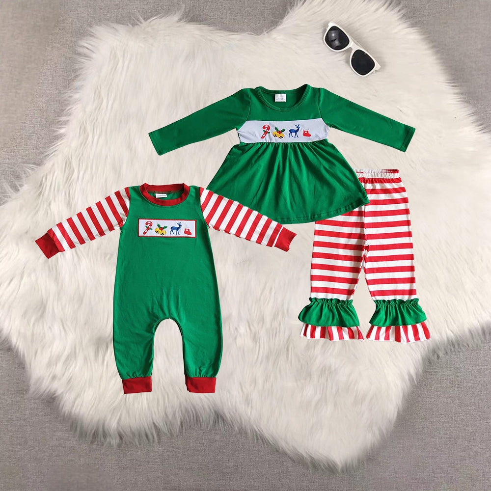 8.20 RTS Sibling Baby Candy cane jingle bell deer embroidery girls Christmas clothes