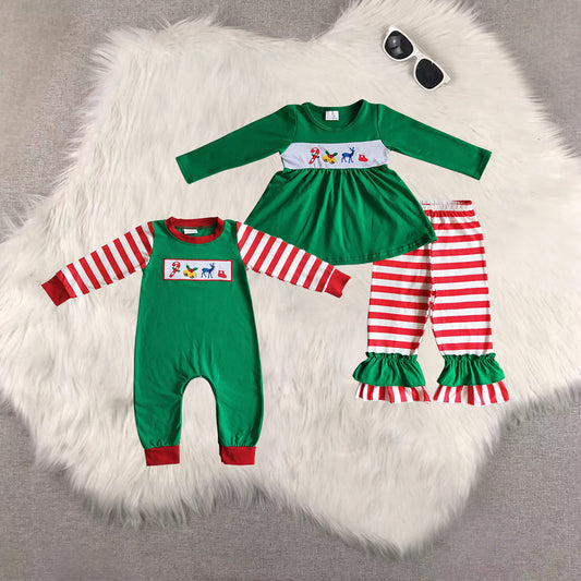 8.20 RTS Sibling Baby Candy cane jingle bell deer embroidery girls Christmas clothes