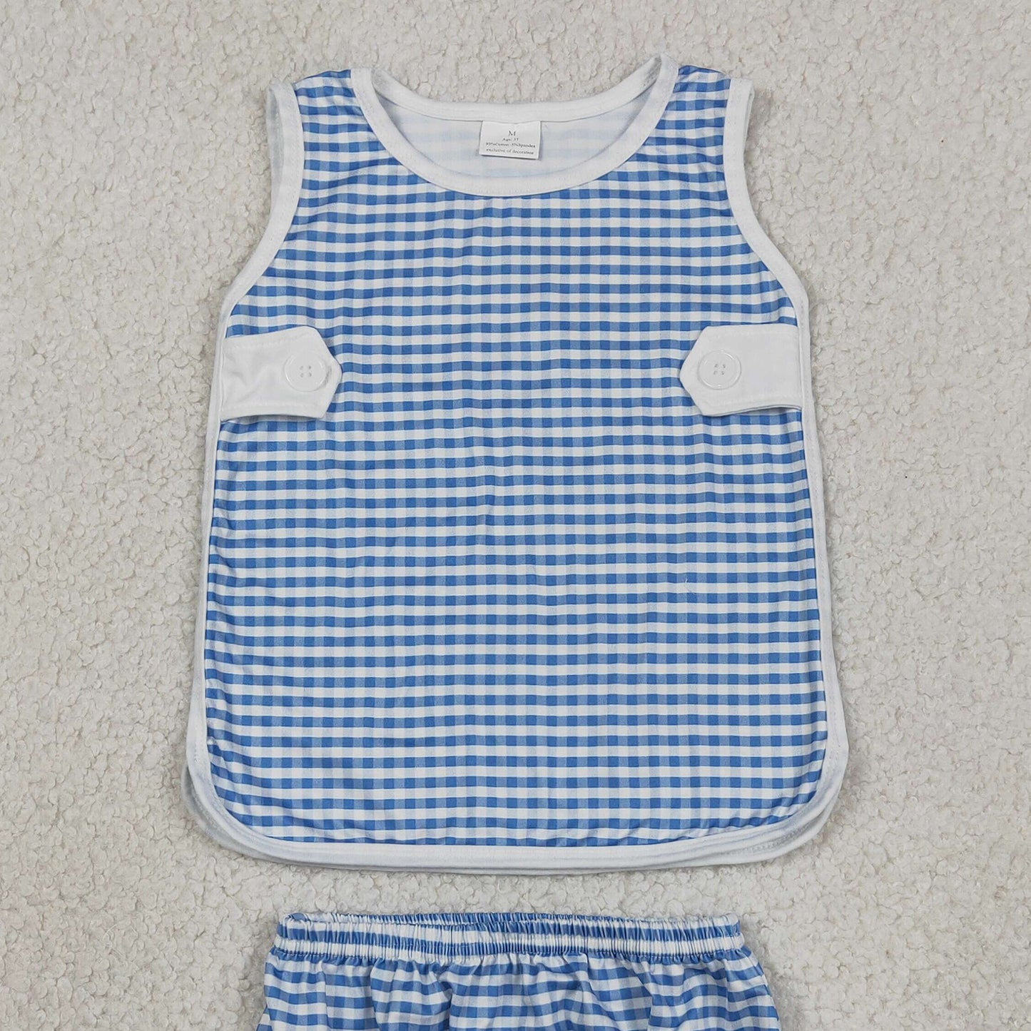 GBO0531 RTS NO MOQ （In stock）Sleeveless top light blue plaid bummies baby girls set