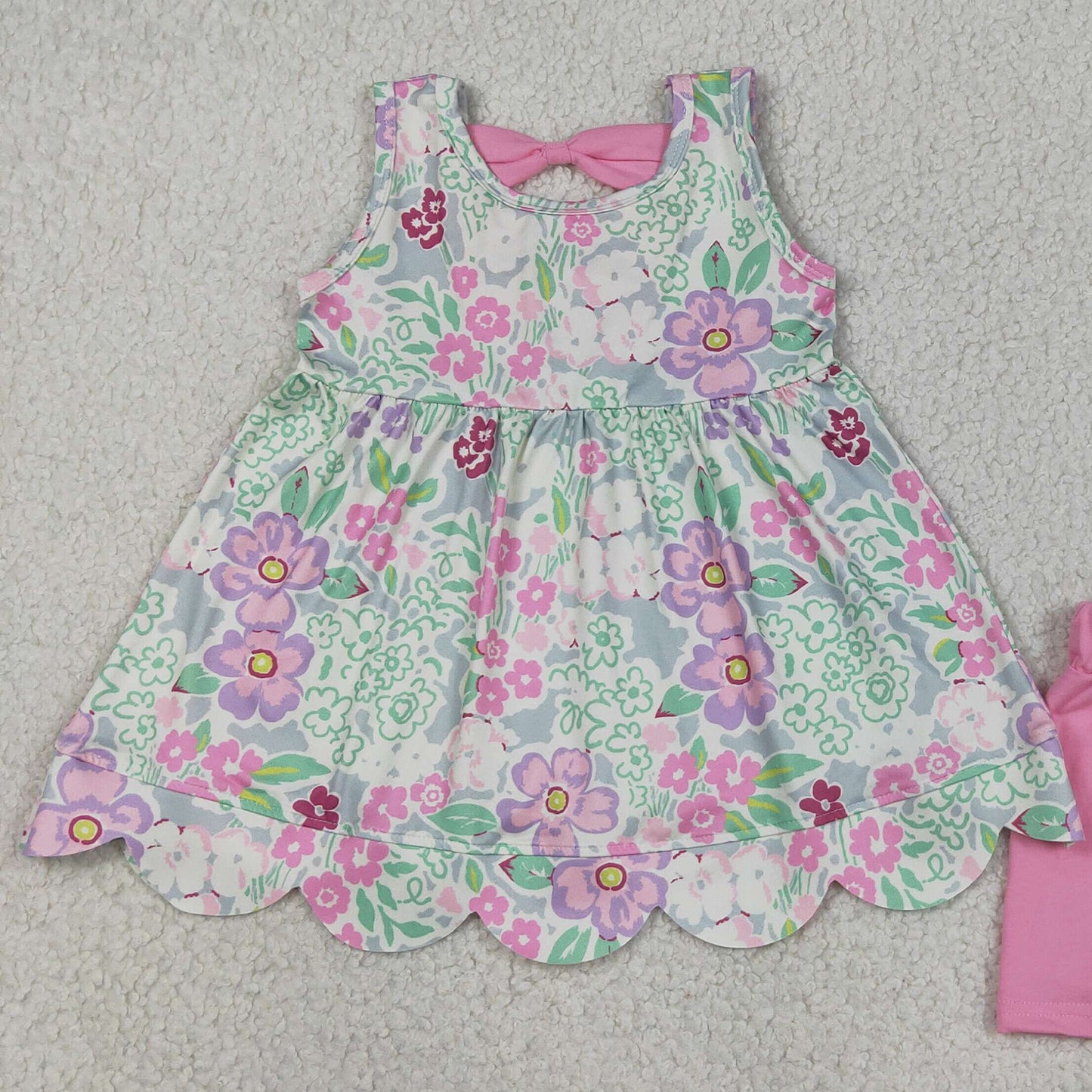 GSSO3385 RTS NO MOQ （In stock ）Sleeveless floral scallop tunic pink shorts girls outfits