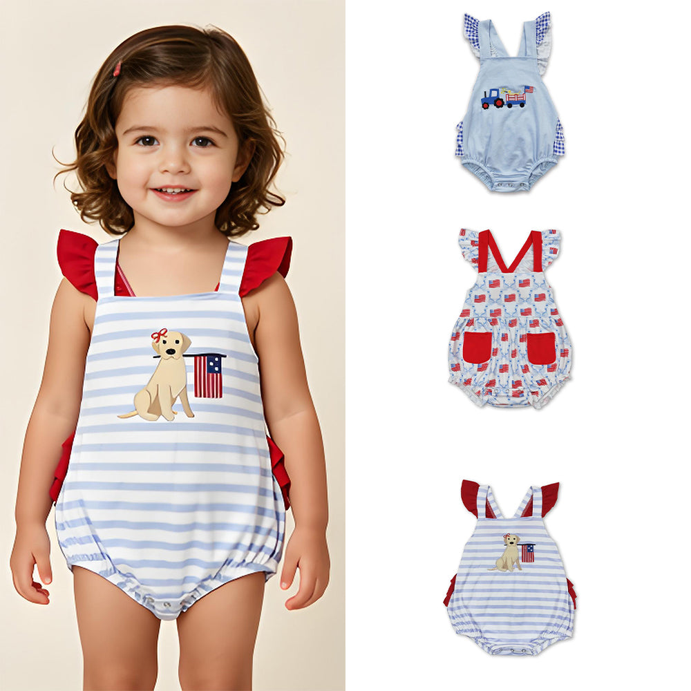 RTS Sibling Flutter sleeves bow flag baby girls 4th of july romper
