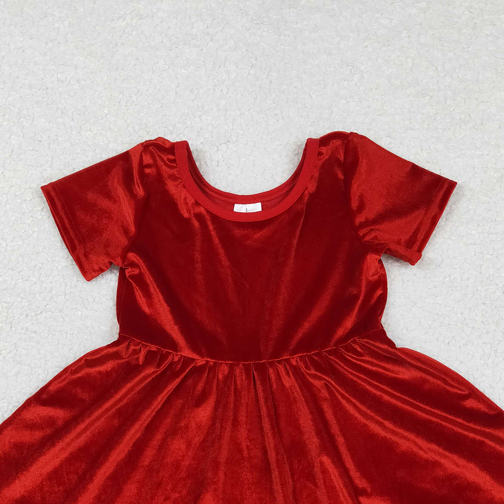 RTS NO MOQ （In stock）GSD2614 Baby Girls Dress Baby Girls Short Sleeves Red Velvet Ruffle Knee Length Dresses