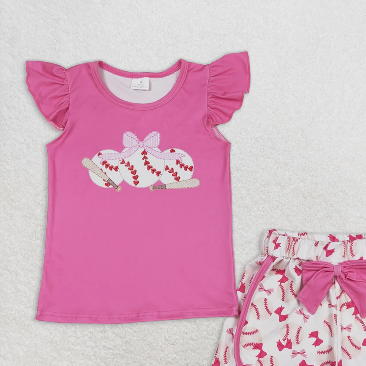 GSSO1685RTS NO MOQ Baby Girls Summer Outfits Girls Pink Flutter Sleeve Baseball Bow Top Shorts Outfit Set Cute Feminine Clothing Set for Kids