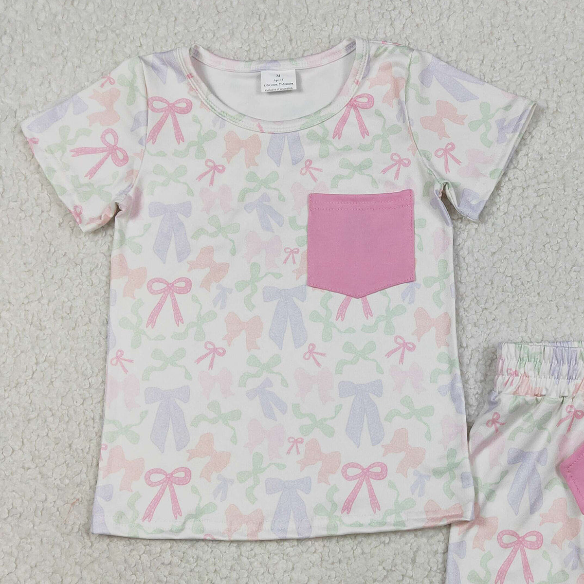 1.12 RTS NO MOQ （In stock）GSSO2990 Baby Girls Colorful Bows Pocket Top Shorts Clothes Sets