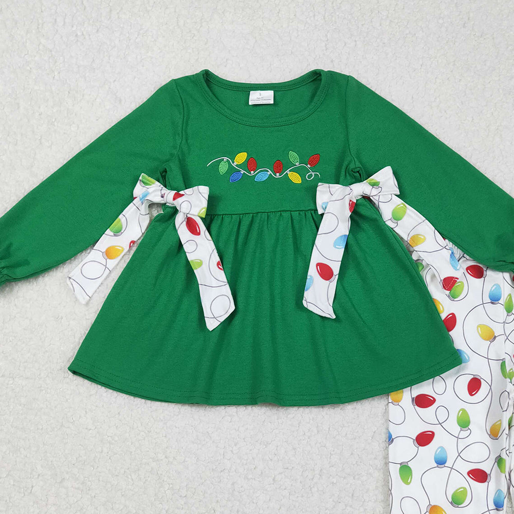 RTS NO MOQ （In stock）GLP2491 Baby Girls Winter Outfits Dark Green Long Ruffle Sleeve Tunic with Light Bow Detail Matching Pants