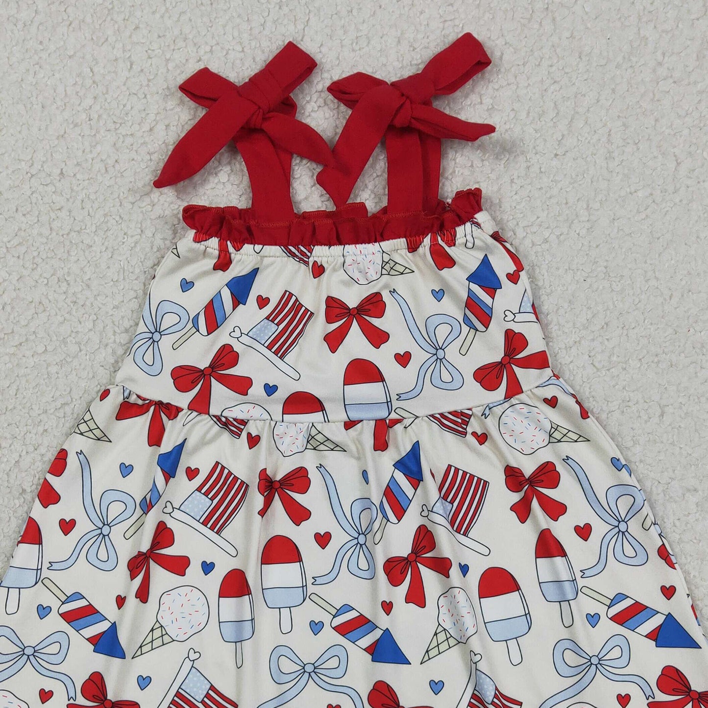 GSD3723 RTS NO MOQ （In stock ）Straps popsicle bow flag girls ruffle 4th of july dresses