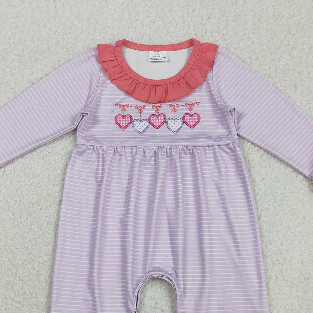 11.14 RTS NO MOQ （In stock）LR2706 Baby Girls Winter Rompers Embroidery Bows Hearts Baby Girls Pink Stripe Valentine Ruffle Collar Rompers