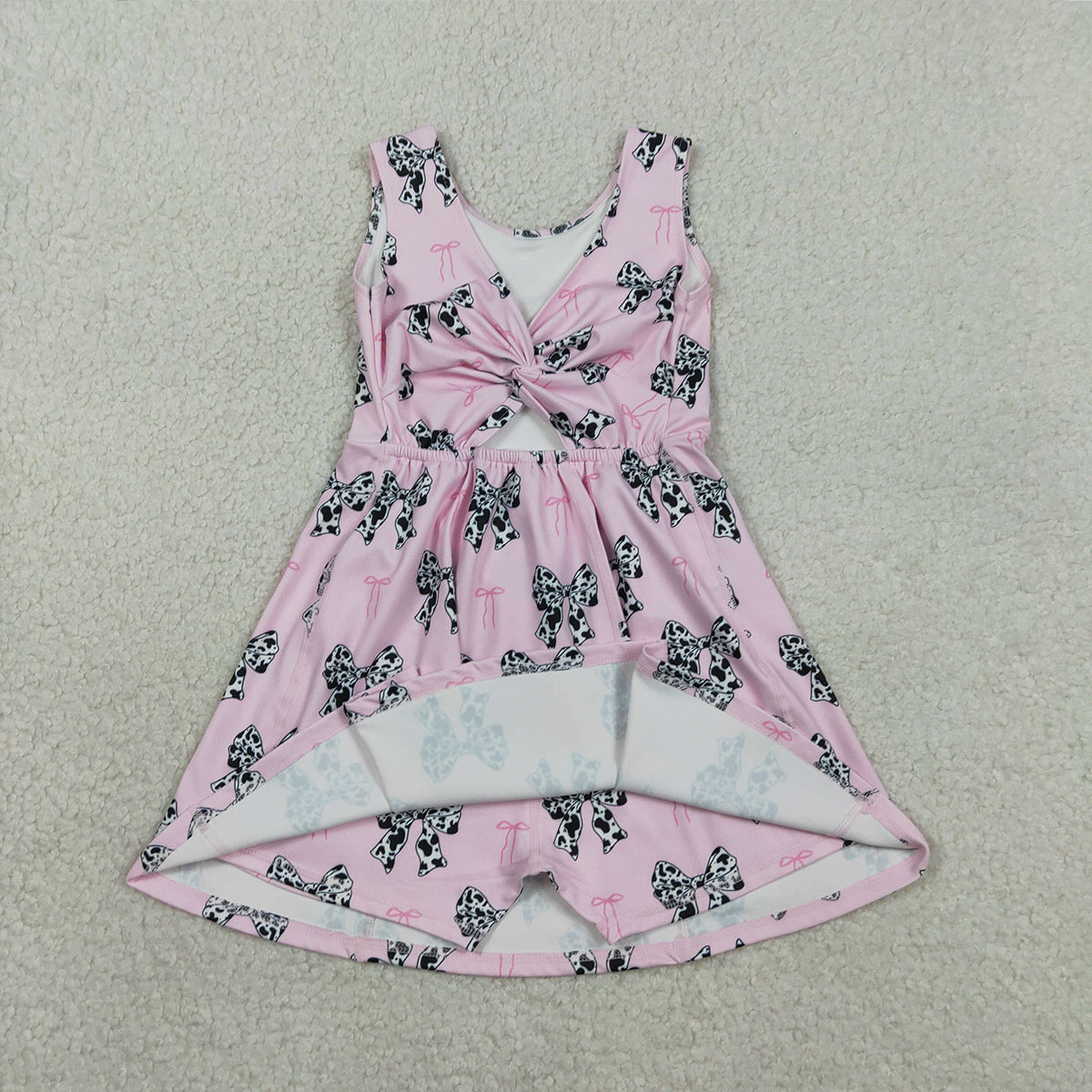 1.31 RTS NO MOQ （In stock）GSD1853 Baby Girls Western Cow Print Bow Sleeveless Skort Knee Length Dresses