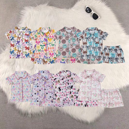 RTS Sibling Baby Girls Blue floral short sleeves girls button down pajamas
