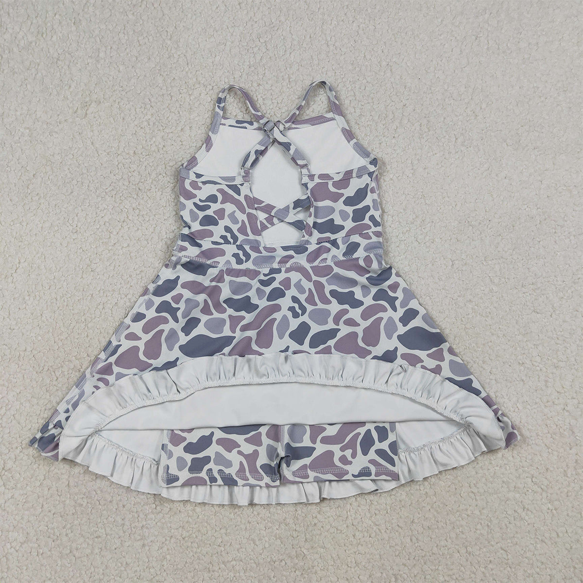 3.19 RTS NO MOQ （In stock）GSD2308 Kids Fashion Clothes Baby Girls Strap Light Gray Camo Yoga Active Shorts Ruffle Knee Length Dresses