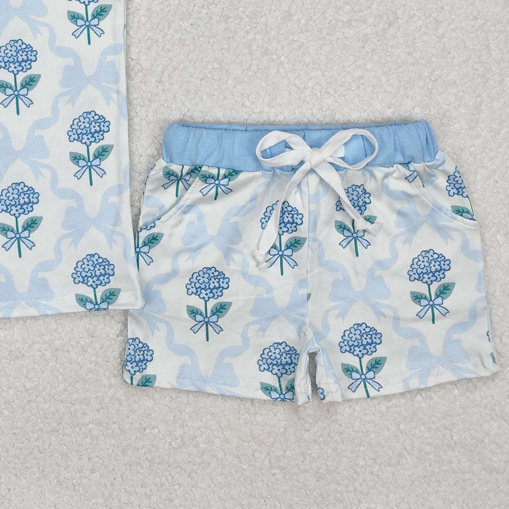GSSO2079Kids Girls Light Blue Bow Floral Top Shorts Set Cute Floral Print Outfit for Little Girls Ages 4-12