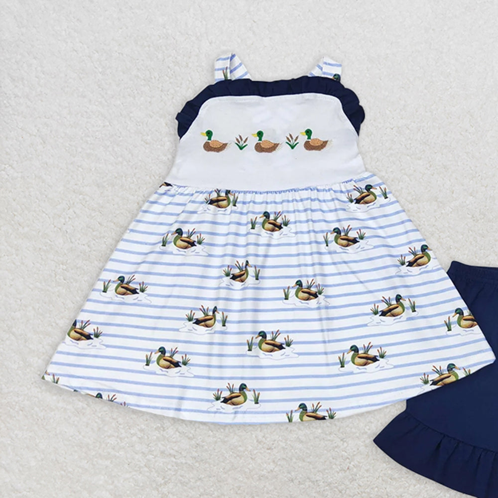 GSSO1189RTS NO MOQ Baby Girls Summer Outfits Duck stripe tunic navy shorts girls summer outfits