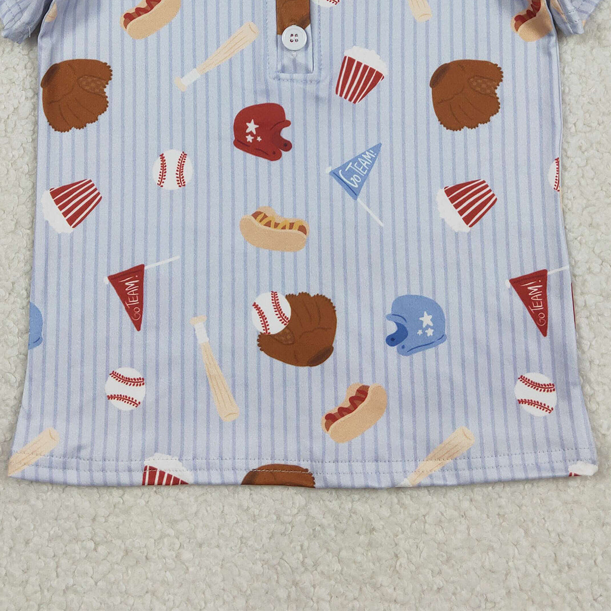 12.29 RTS NO MOQ （In stock）BT1580 Baby Boys Blue Stripe Baseballs Team Button Polo Shirts Top