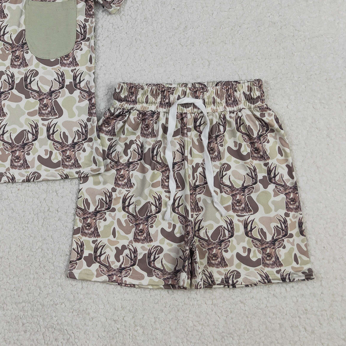 BSSO1794 RTS NO MOQ （In stock ）Short sleeves deer camo pocket top shorts boys outfits
