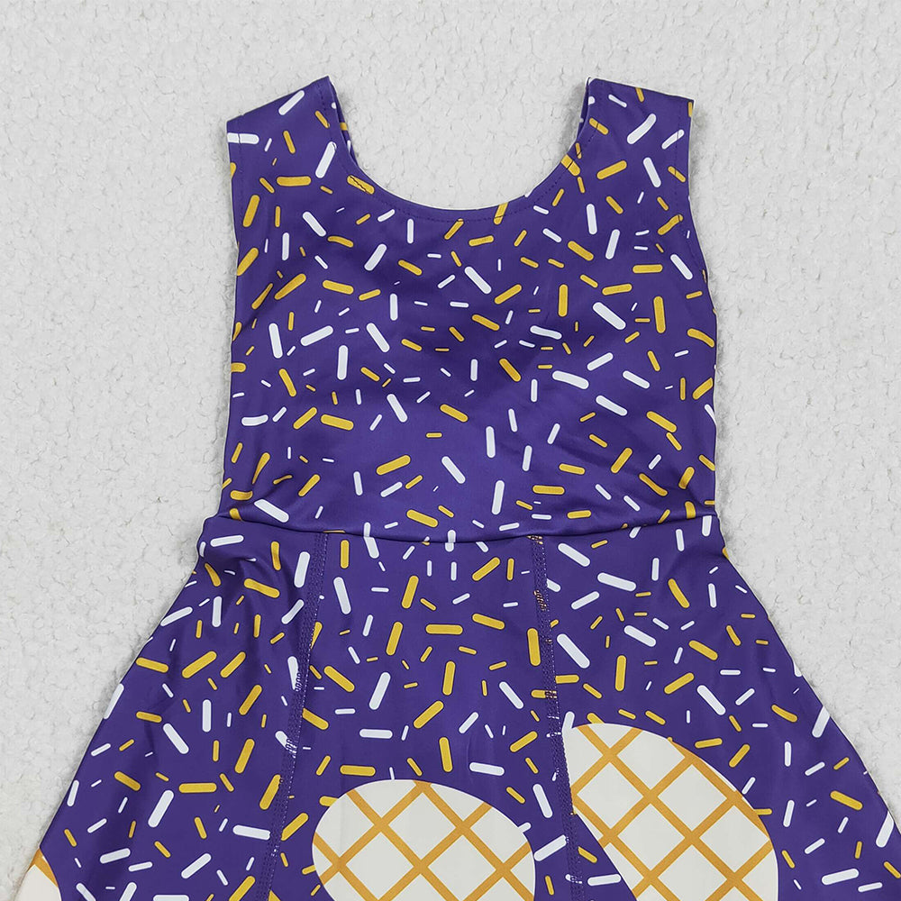 RTS NO MOQ （In stock）GSD2752 Baby Girls Summer Yoga Dress Baby Girls Purple Drip Sleeveless Shorts Team Yoga Active Knee Length Dresses