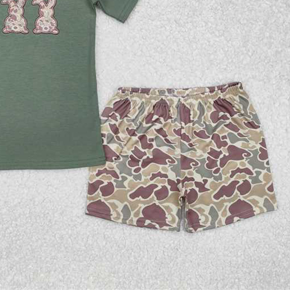 BSSO1004New Rts No Moq 8-9 Days By Air Arrived it Boys Camouflage Bunny Short Sleeve Top with Camouflage Shorts Easter Themed Outfit Set for Kids