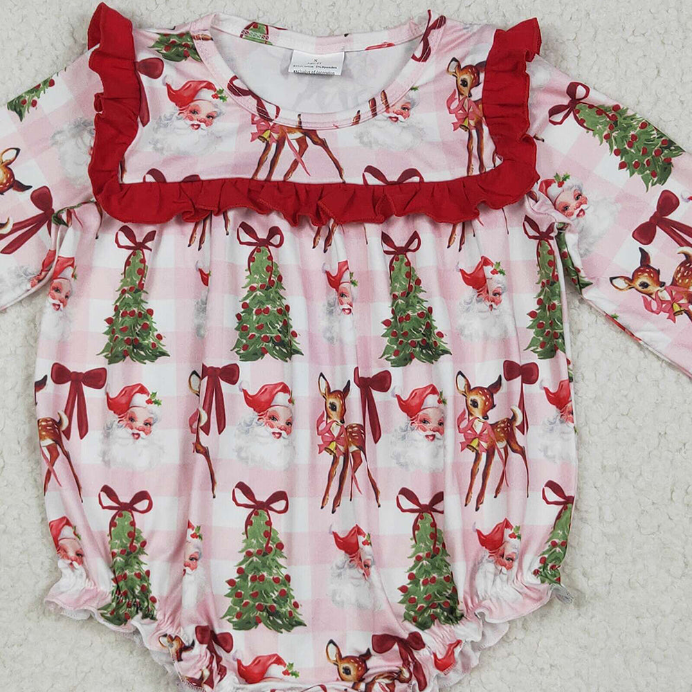 LR2274 RTS NO MOQ Baby Girls Winter Rompers Baby Girls Long Sleeves Pink Plaid Santa Trees Ruffle Rompers