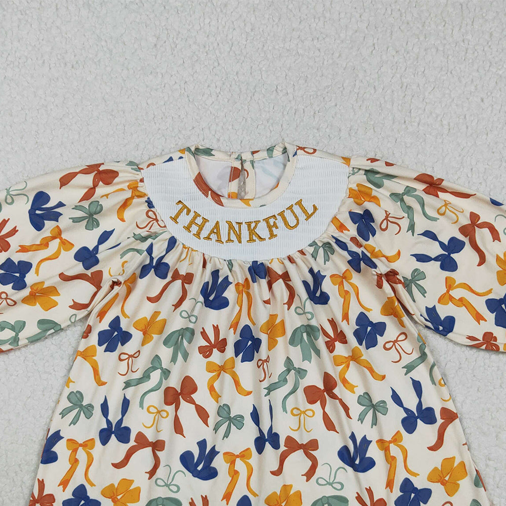 RTS NO MOQ （In stock）GLD1086 Baby Girls Winter Dress Smocked Embroidery Baby Girls Thanksgiving Thankful Colorful Bows Knee Length Dresses