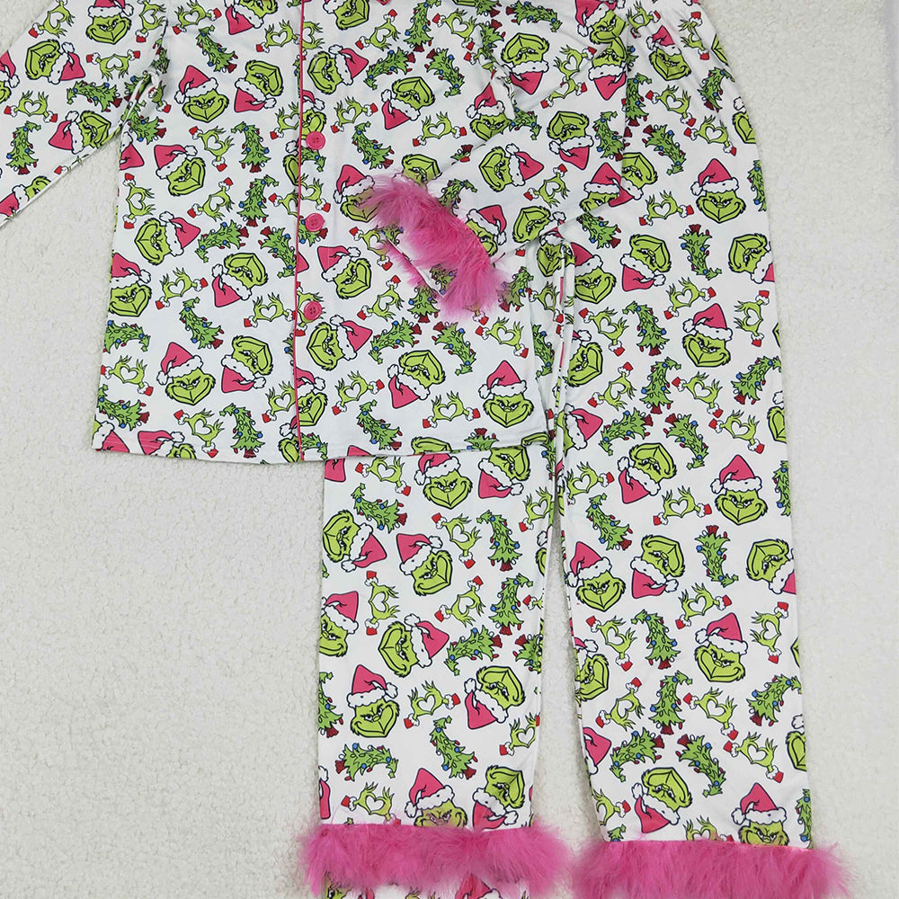 RTS NO MOQ （In stock）GLP2648 Adult women's pajamas set Pink Fur Christmas Pajamas with Green Face Button down Sleepwear for Holiday Comfort