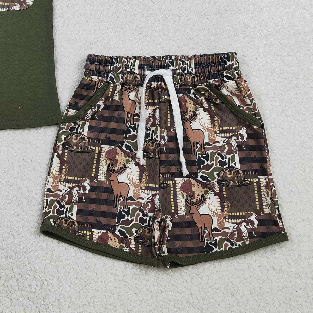 1.23 RTS NO MOQ （In stock）BSSO1848 Baby Boys Shirt Top Southern Deer Camo Pockets Shorts Hunting Clothes Sets