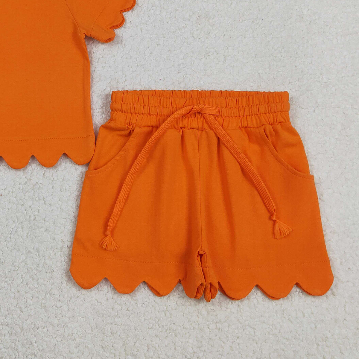 3.11 RTS NO MOQ （In stock）GSSO3178 Kids Clothing for Girls Baby Girls Short Sleeve Orange Shirts Top Scallop Shorts Clothes Sets