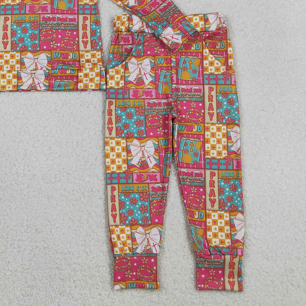 11.19 RTS NO MOQ （In stock）GLP2891 Baby Girls Bows Flowers Pray Checked Hoodies Pockets Jogger Pants Clothes Sets