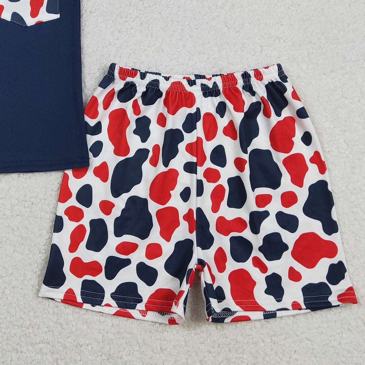 1.27 RTS NO MOQ （In stock）BSSO1783 Baby Boys Red Blue Cow Print Pocket Button Top Shorts 4th of July Clothes Sets