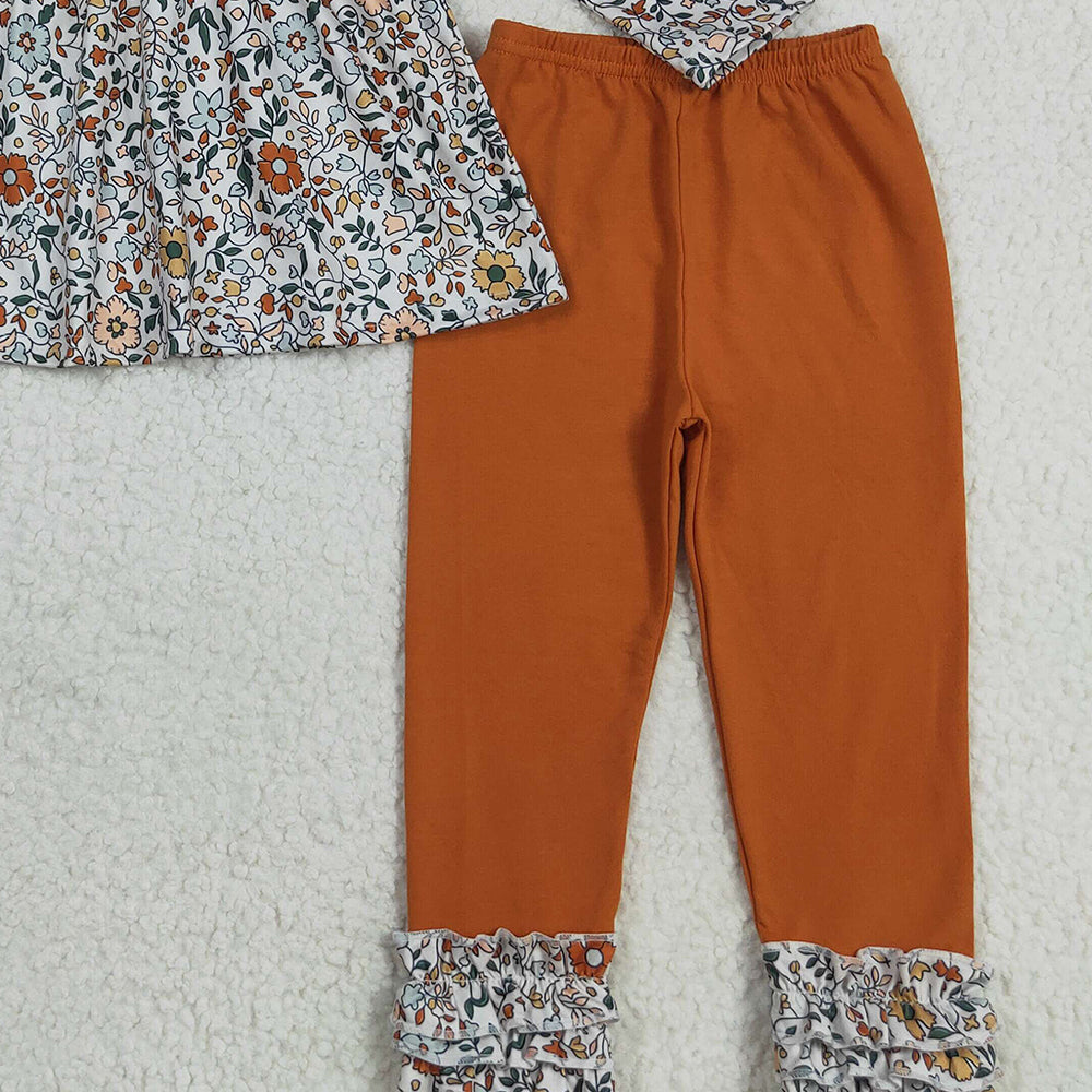 8.22 RTS NO MOQ （In stock）GLP2404 Baby Girls Winter Outfits Baby Girls Fall Orange Floral Button Tunic Icing Legging Outfits Sets