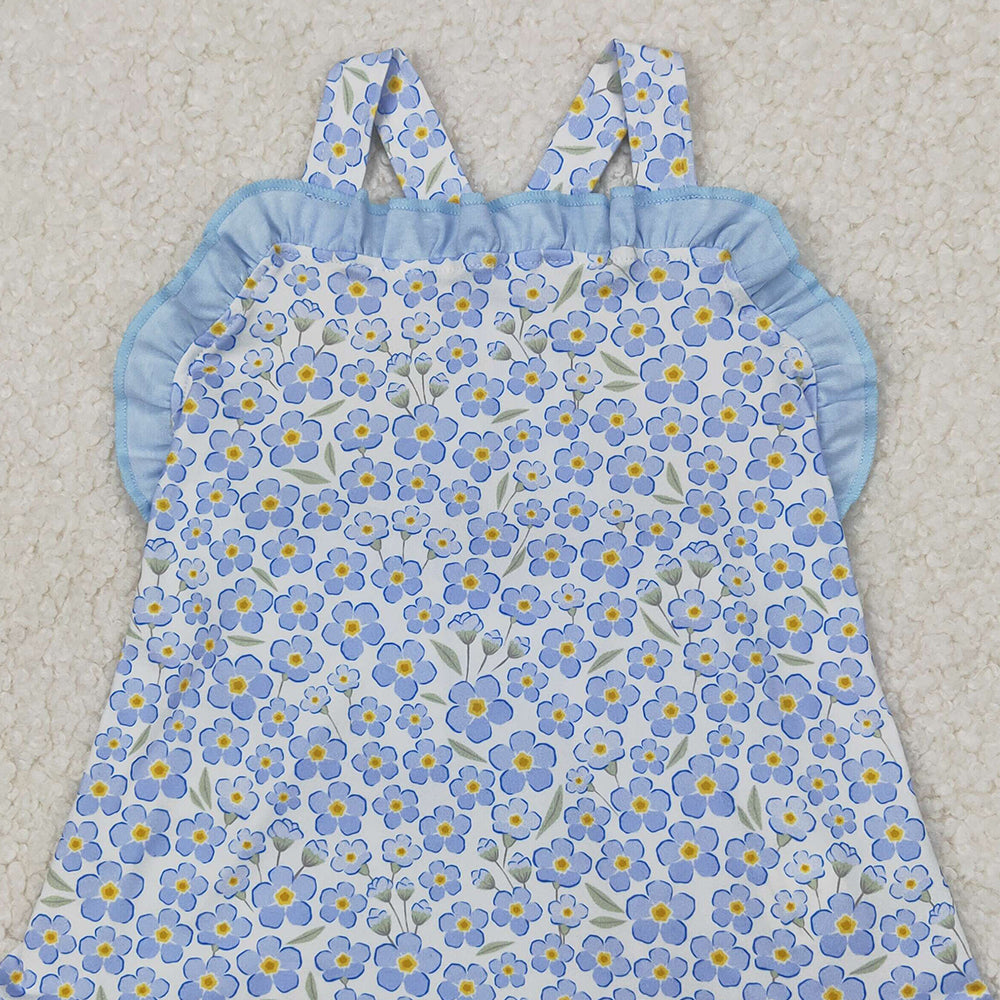 4.08 SR2791 RTS NO MOQ Straps blue ruffle floral baby girls summer romper