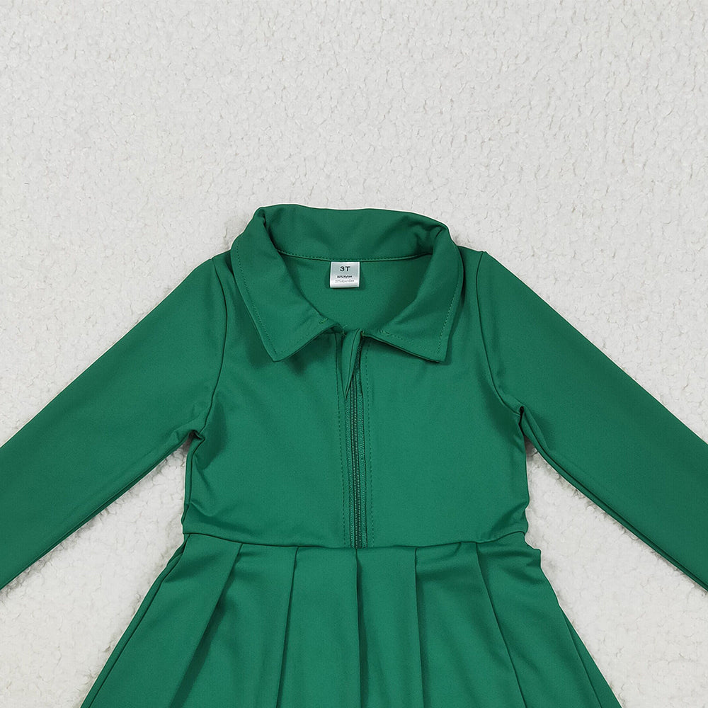 RTS NO MOQ （In stock）GLD1148 Baby Girls Yoga Dress Baby Girls Green Long Sleeves Zipper Yoga Athletic Knee Length Dresses