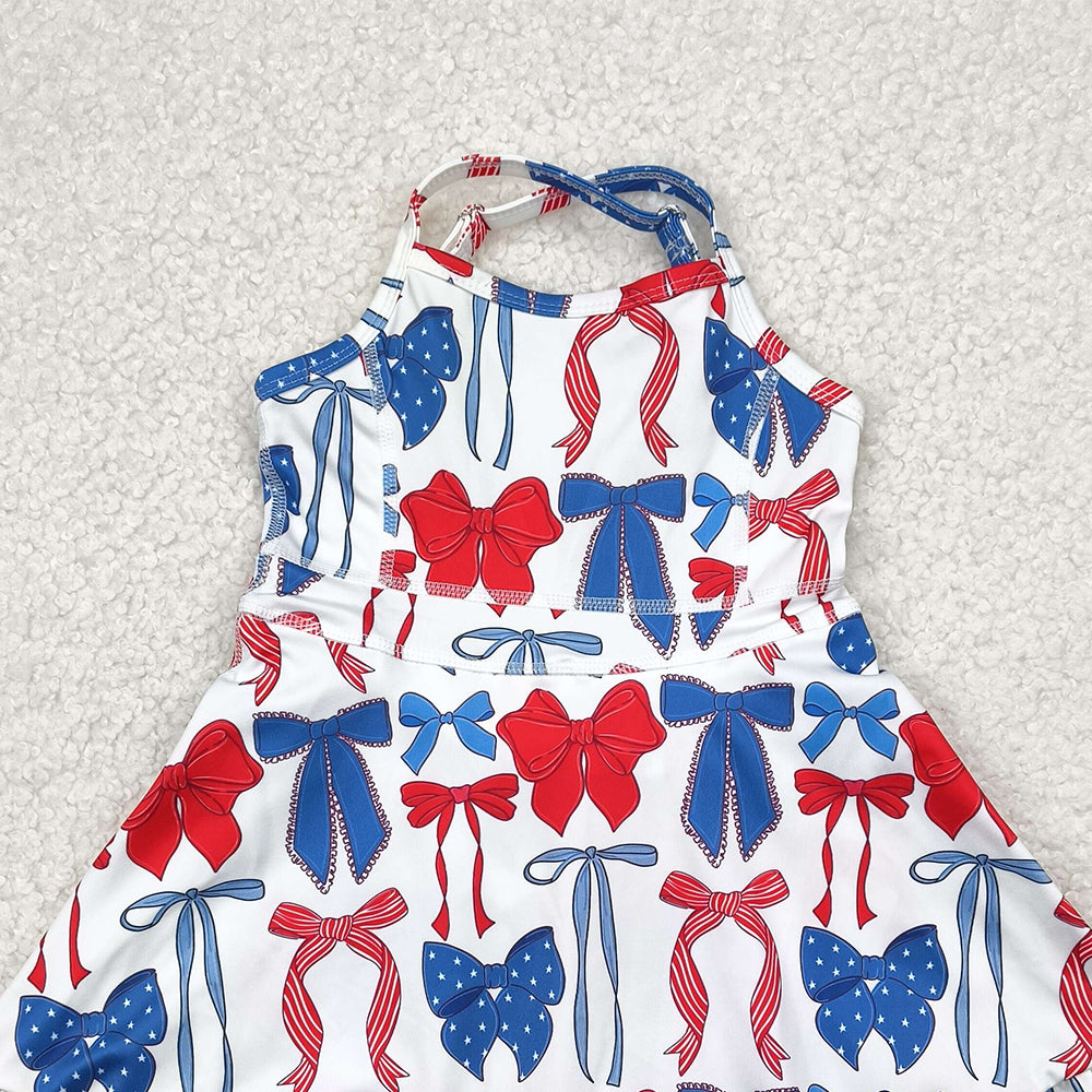 6.21 GSD2345 RTS NO MOQ Baby Girls Summer Yoga Dress Baby Girls Strap Blue Red Bows 4th Of July Yoga Active Knee Length Dresses
