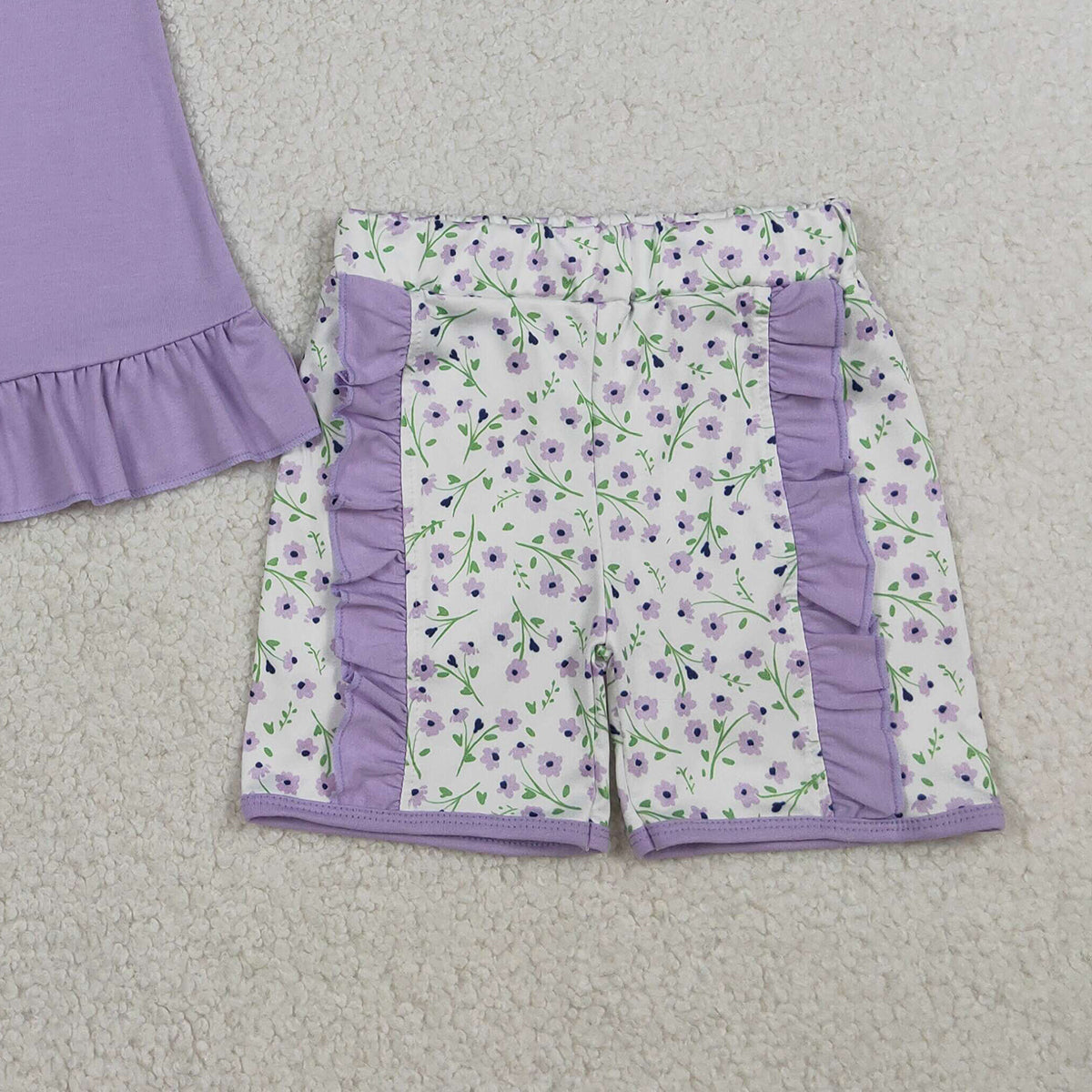 3.21 RTS NO MOQ （In stock）GSSO2774 Kids Clothing for Baby Girls Sleeveless Embroidery Floral Goose Lavender Tunic Ruffle Shorts Clothes Sets