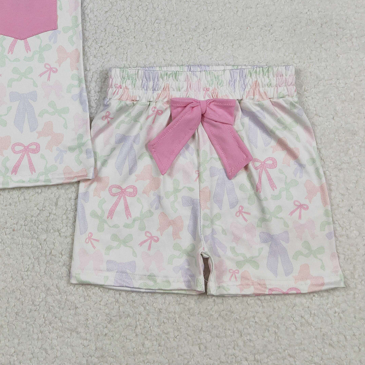 1.12 RTS NO MOQ （In stock）GSSO2990 Baby Girls Colorful Bows Pocket Top Shorts Clothes Sets