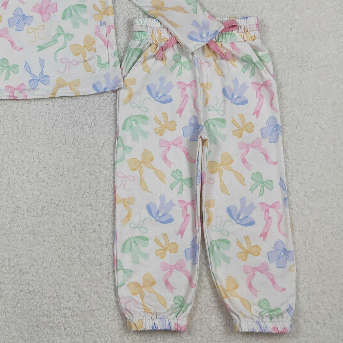 10.29 RTS NO MOQ （In stock）GLP2886 Baby Girls Colorful Bows Pockets Zipper Pullover Jogger Pants Clothes Sets