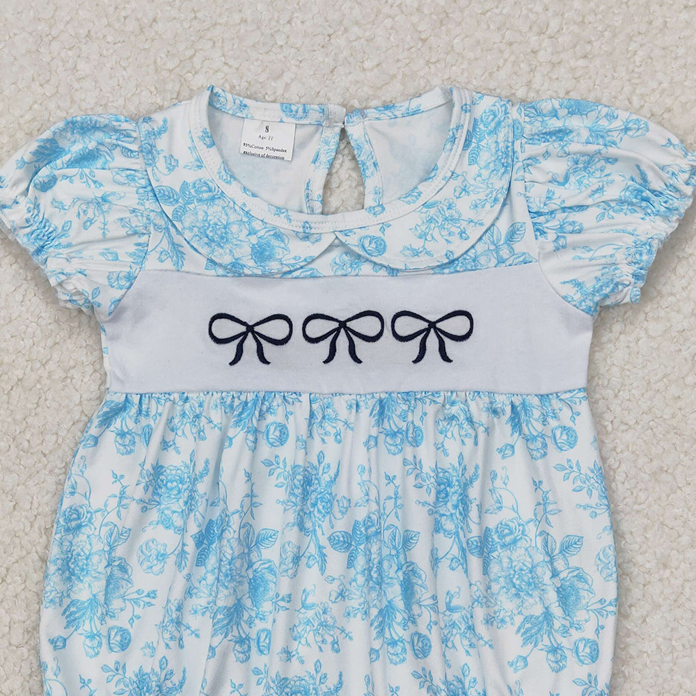 4.14 SR2784 RTS NO MOQ Short sleeves light blue floral bow baby girls summer romper