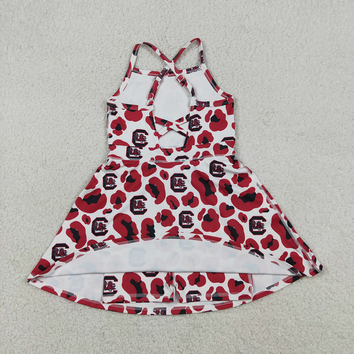 3.27 RTS NO MOQ （In stock）GSD3633 Kids Fashion Clothes Baby Girls Strap Red Leopard Team Yoga Active Shorts Knee Length Dress