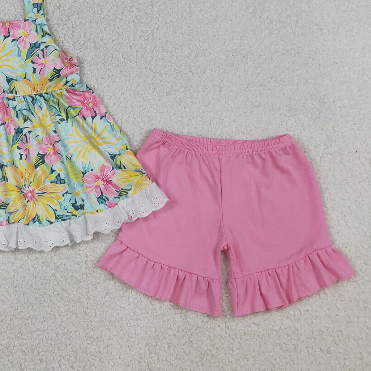 4.3 GSSO3034 RTS NO MOQ （In stock ）Sleeveless floral tunic pink ruffle shorts girls outfits